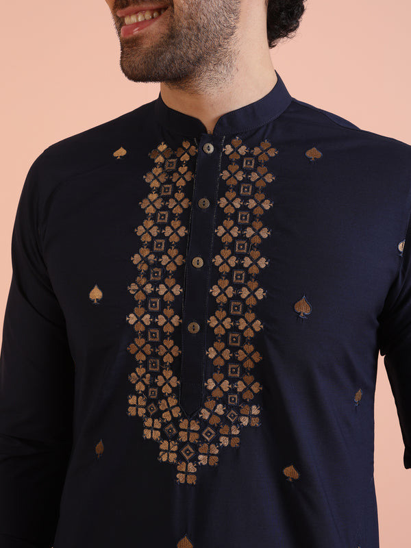 Navy Blue Silk Blend Embroidered Kurta Trouser