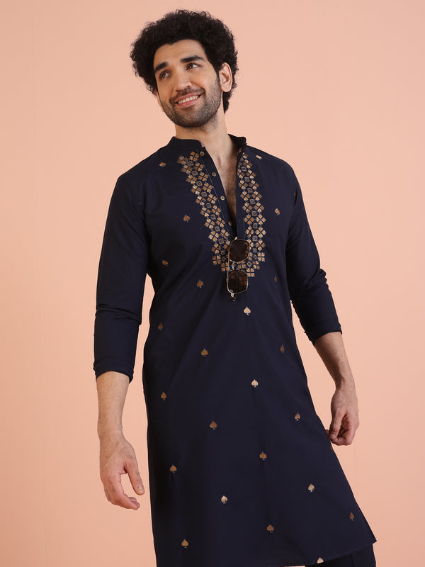 Navy Blue Silk Blend Embroidered Kurta Trouser