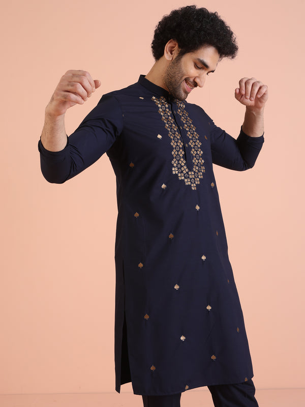 Navy Blue Silk Blend Embroidered Kurta Trouser
