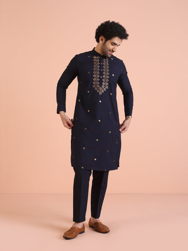 Navy Blue Silk Blend Embroidered Kurta Trouser