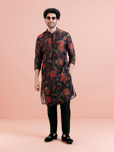 Black Silk Blend Kurta with Red and Green Floral Prints