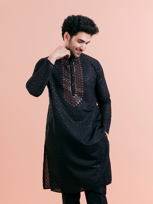 Black Silk Blend Mirror Work Kurta