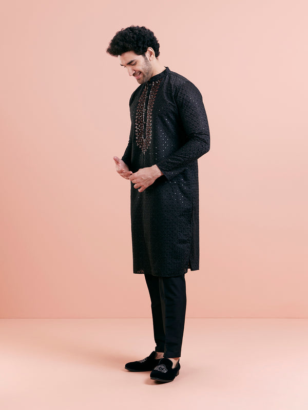 Black Silk Blend Mirror Work Kurta