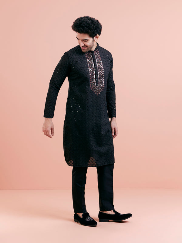 Black Silk Blend Mirror Work Kurta