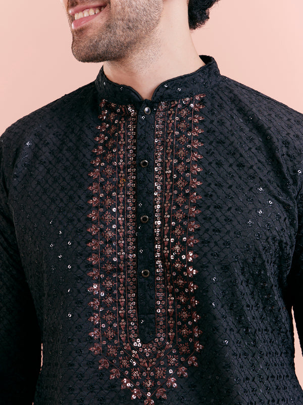 Black Silk Blend Mirror Work Kurta
