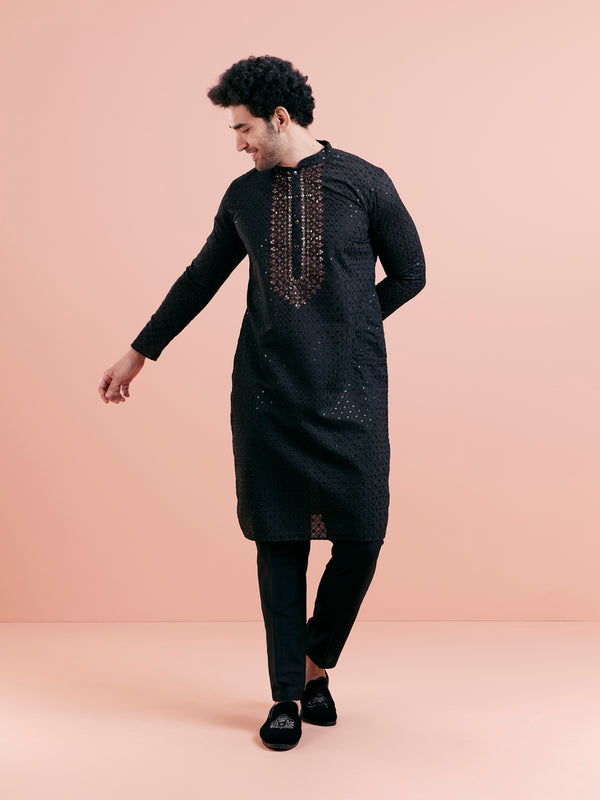 Black Silk Blend Mirror Work Kurta