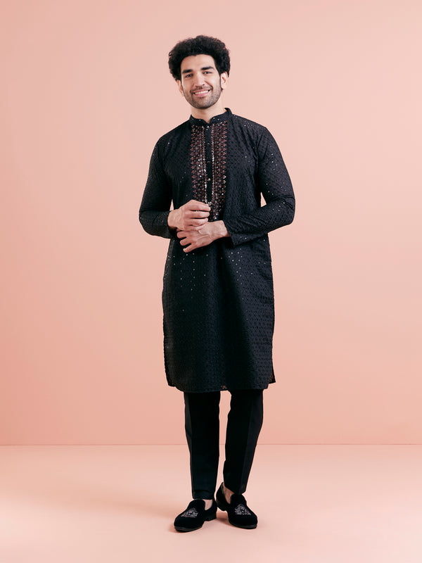 Black Silk Blend Mirror Work Kurta