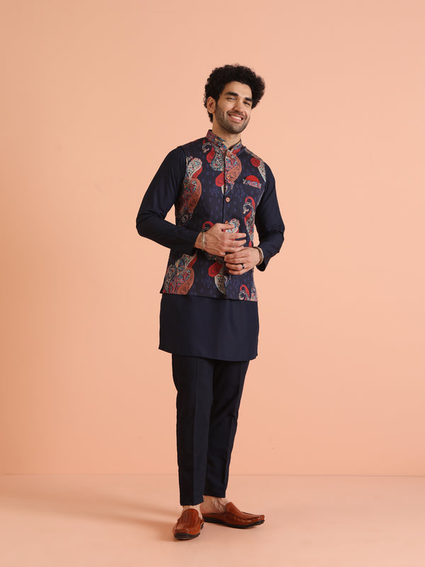Navy Blue Paisley Printed Nehru Jacket Kurta Set