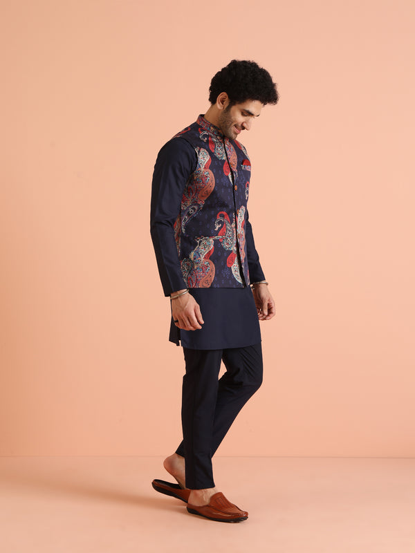 Navy Blue Paisley Printed Nehru Jacket Kurta Set