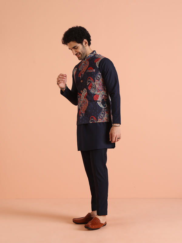 Navy Blue Paisley Printed Nehru Jacket Kurta Set