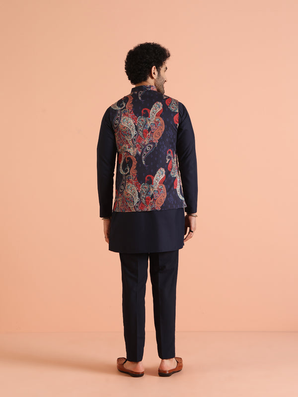 Navy Blue Paisley Printed Nehru Jacket Kurta Set