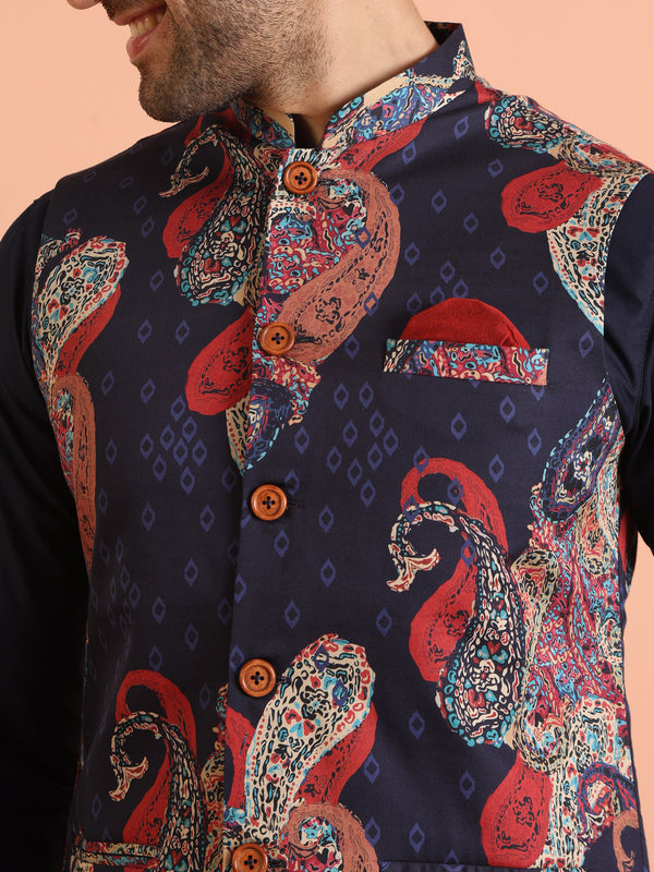 Navy Blue Paisley Printed Nehru Jacket Kurta Set