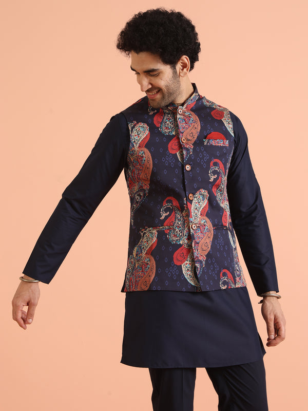 Navy Blue Paisley Printed Nehru Jacket Kurta Set