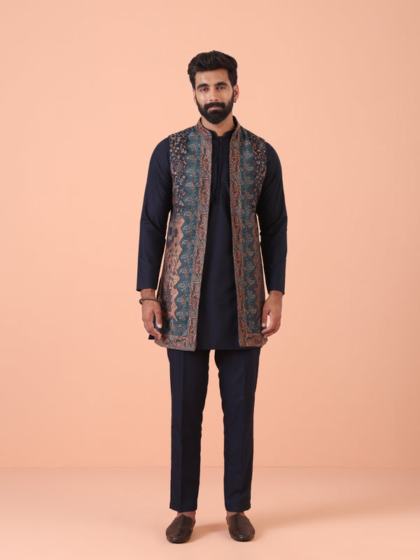 Navy Blue Cotton Silk Jacquard Nehru Jacket Kurta Trouser