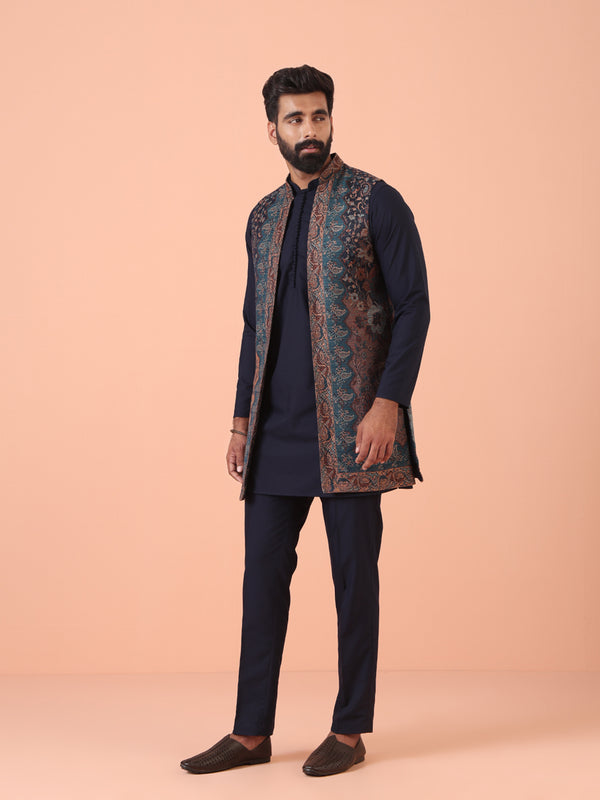 Navy Blue Cotton Silk Jacquard Nehru Jacket Kurta Trouser