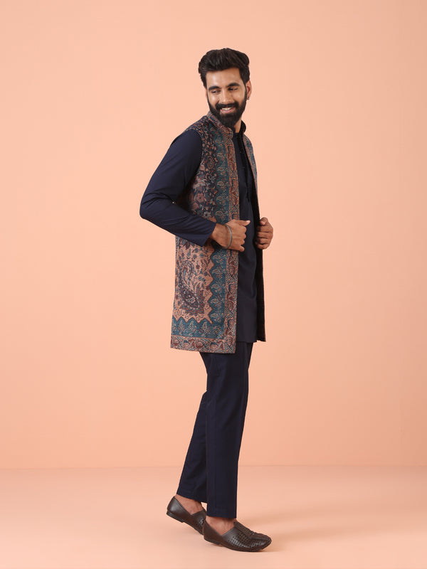 Navy Blue Cotton Silk Jacquard Nehru Jacket Kurta Trouser
