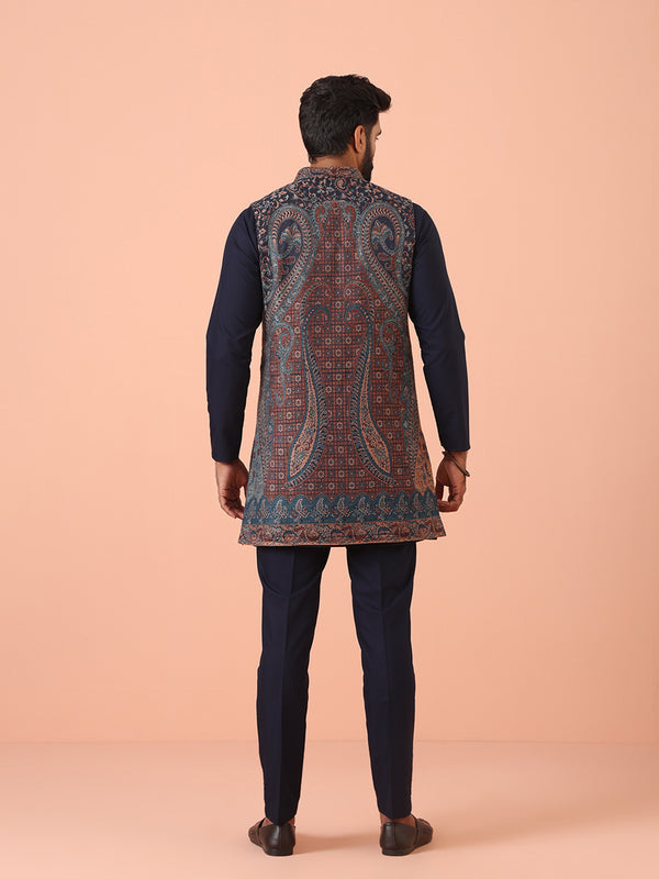 Navy Blue Cotton Silk Jacquard Nehru Jacket Kurta Trouser
