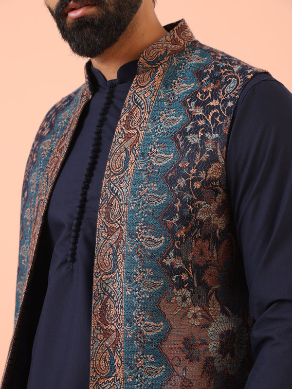 Navy Blue Cotton Silk Jacquard Nehru Jacket Kurta Trouser