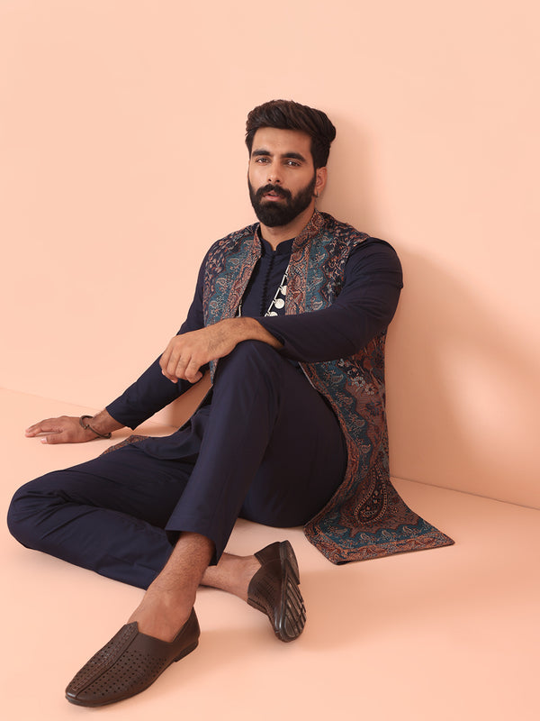 Navy Blue Cotton Silk Jacquard Nehru Jacket Kurta Trouser