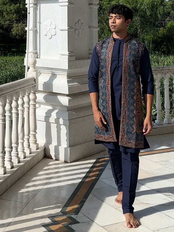 Navy Blue Cotton Silk Jacquard Nehru Jacket Kurta Trouser