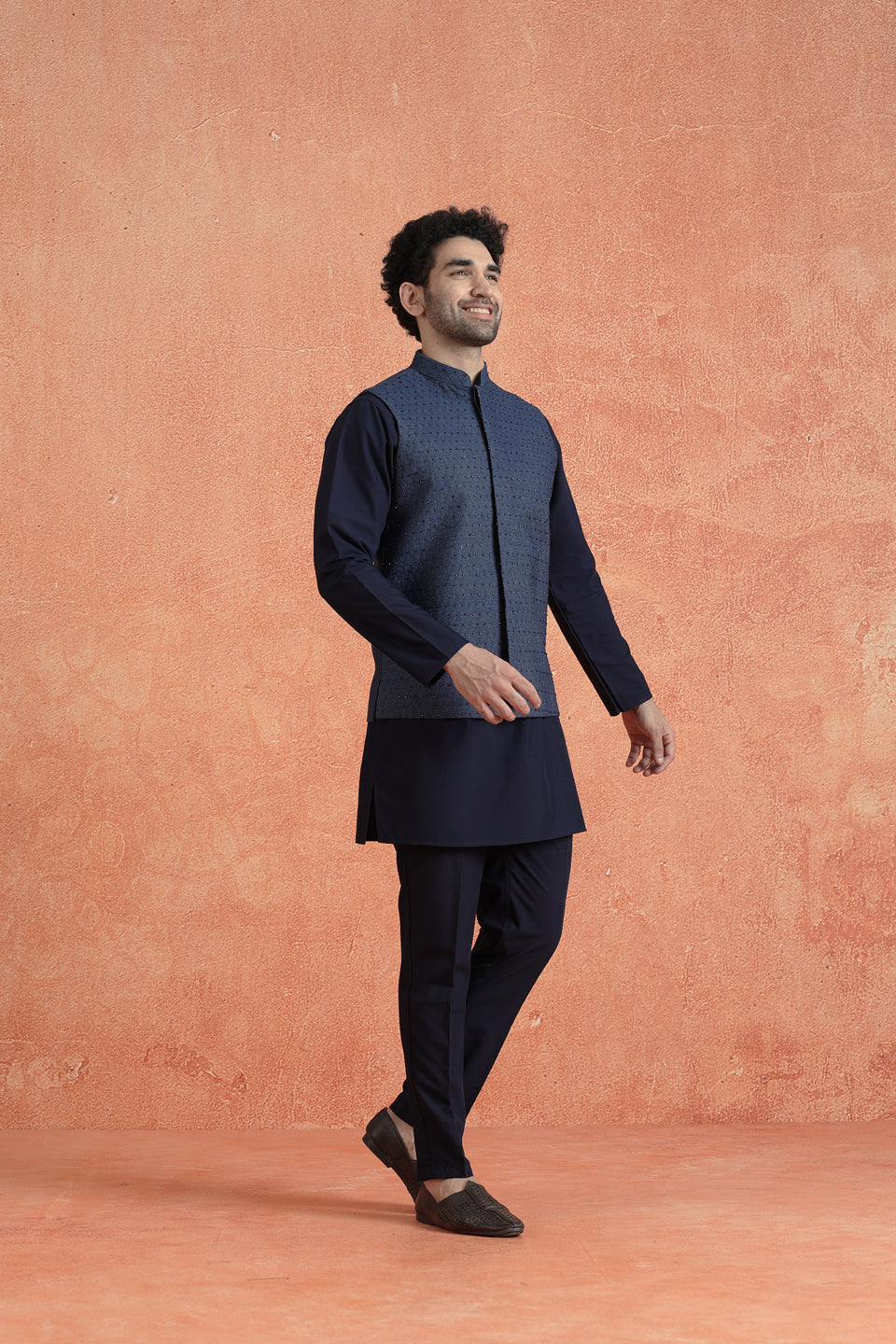 Blue Denim Embellished Mid Kurta Jacket Trouser Set