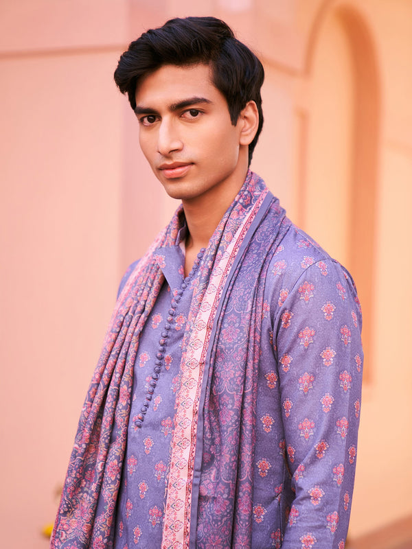 Grey Silk Printed Kurta Churidar with Dupatta
