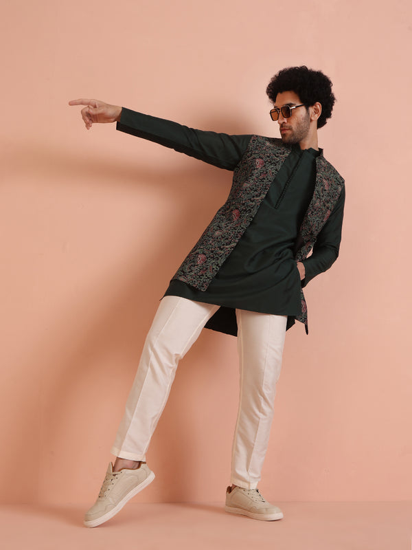 Multicolor Printed Nehru Jacket Green Kurta Set