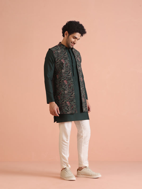 Multicolor Printed Nehru Jacket Green Kurta Set