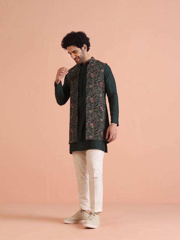 Multicolor Printed Nehru Jacket Green Kurta Set