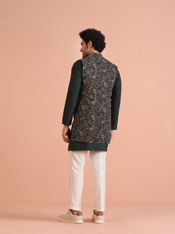 Multicolor Printed Nehru Jacket Green Kurta Set
