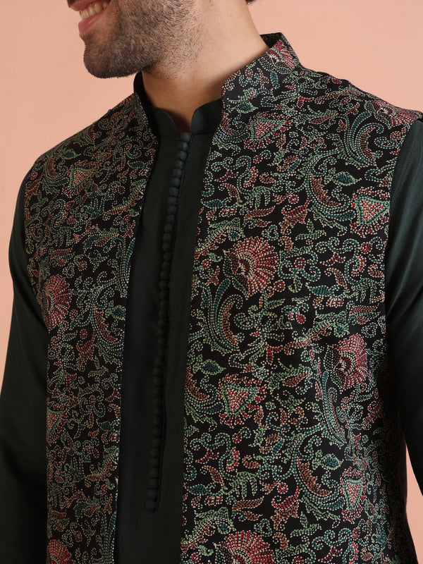 Multicolor Printed Nehru Jacket Green Kurta Set