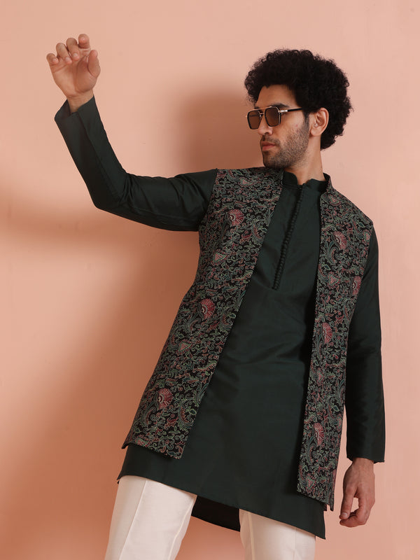Multicolor Printed Nehru Jacket Green Kurta Set