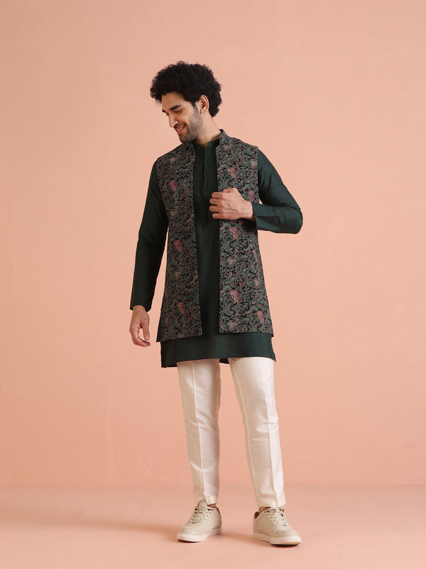 Multicolor Printed Nehru Jacket Green Kurta Set