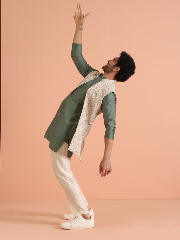 Green Silk Blend Printed Jacket Kurta Trouser Set