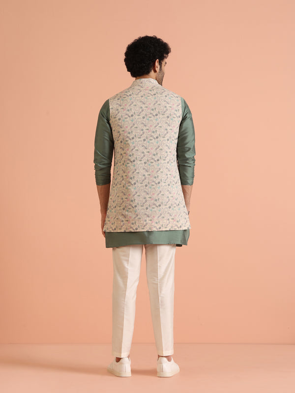 Green Silk Blend Printed Jacket Kurta Trouser Set