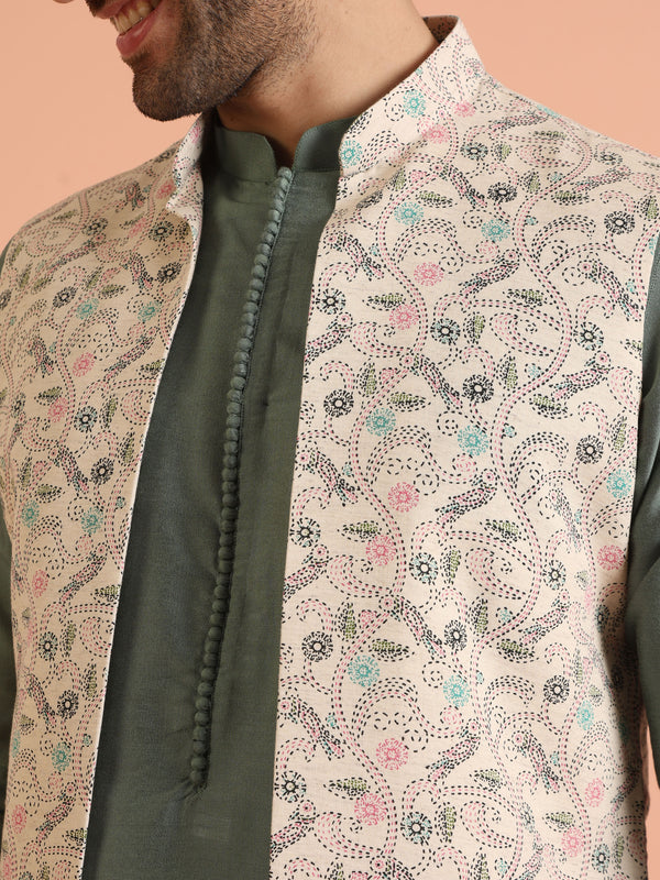 Green Silk Blend Printed Jacket Kurta Trouser Set