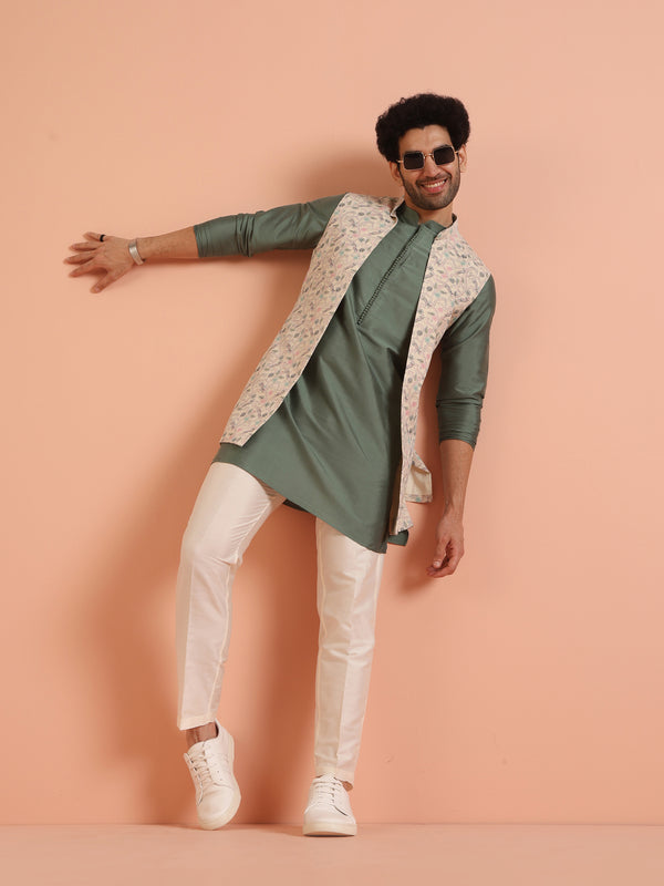 Green Silk Blend Printed Jacket Kurta Trouser Set