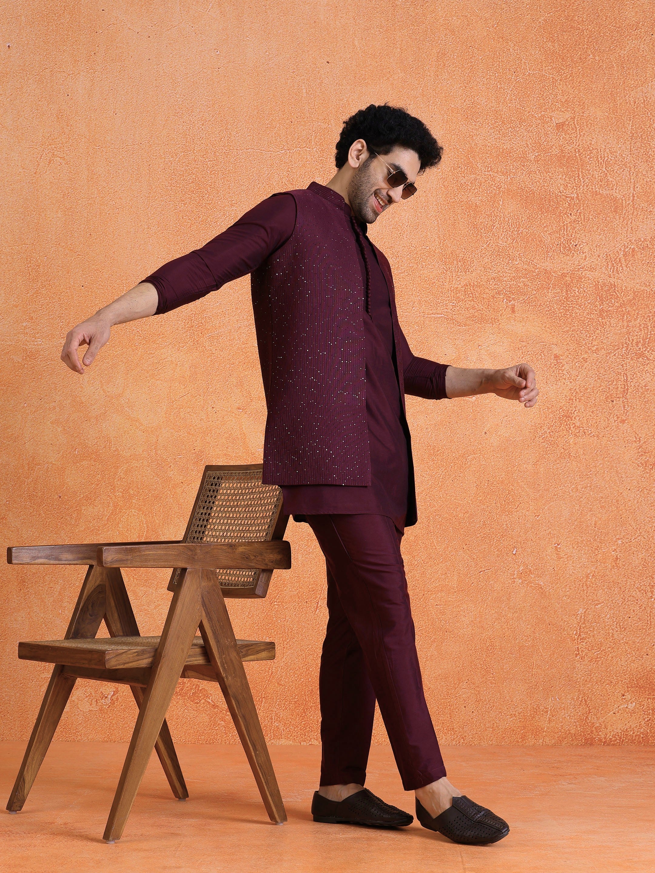 Wine Silk Blend Sequin Mid Kurta Front Open Long Jacket Trouser Set
