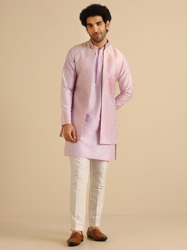 Lilac Silk Blend Textured Jacket Kurta Trouser Set