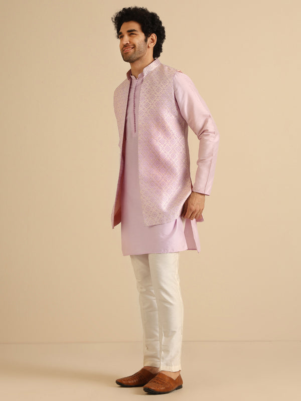 Lilac Silk Blend Textured Jacket Kurta Trouser Set