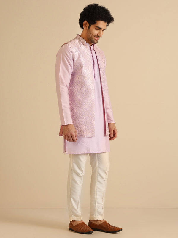 Lilac Silk Blend Textured Jacket Kurta Trouser Set