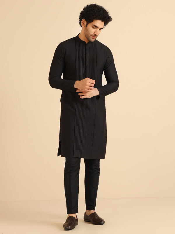 Black Cotton Silk Kurta Trouser Set â€“ Pintuck Detail â€“ Solid Ethnic Outfit â€“ Festive Wear
