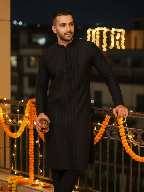 Black Cotton Silk Kurta Trouser Set â€“ Pintuck Detail â€“ Solid Ethnic Outfit â€“ Festive Wear