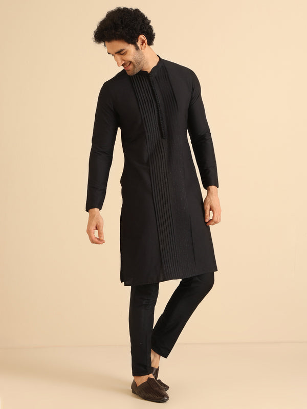 Black Cotton Silk Kurta Trouser Set â€“ Pintuck Detail â€“ Solid Ethnic Outfit â€“ Festive Wear