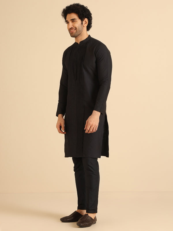 Black Cotton Silk Kurta Trouser Set â€“ Pintuck Detail â€“ Solid Ethnic Outfit â€“ Festive Wear