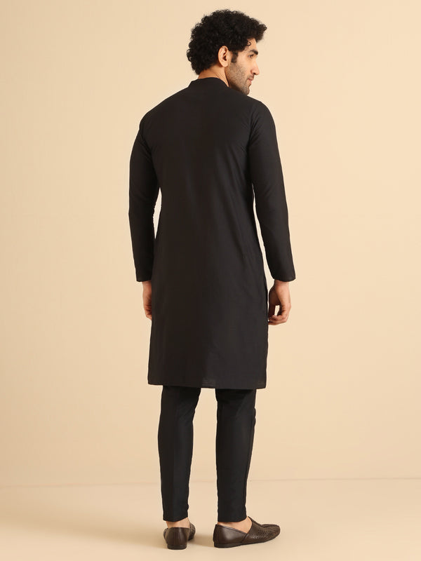 Black Cotton Silk Kurta Trouser Set â€“ Pintuck Detail â€“ Solid Ethnic Outfit â€“ Festive Wear