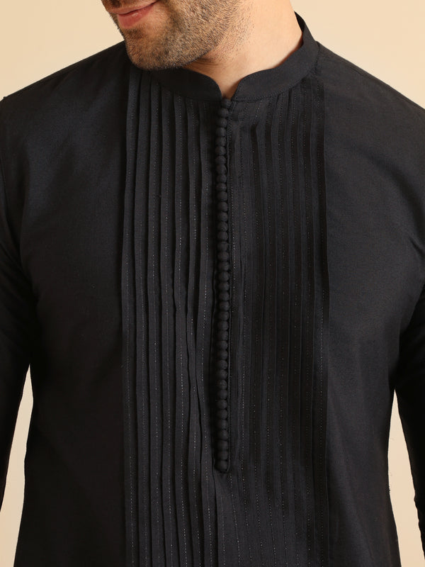 Black Cotton Silk Kurta Trouser Set â€“ Pintuck Detail â€“ Solid Ethnic Outfit â€“ Festive Wear