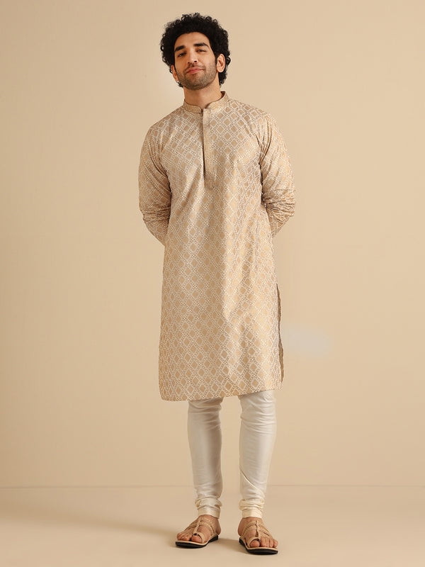 Beige Silk Blend Kurta Set with Intricate Jacquard Woven Pattern and Cream Churidar â€“ Festive & Wedding Ensemble