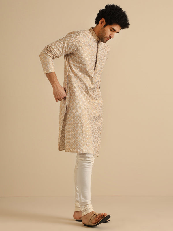 Beige Silk Blend Kurta Set with Intricate Jacquard Woven Pattern and Cream Churidar â€“ Festive & Wedding Ensemble
