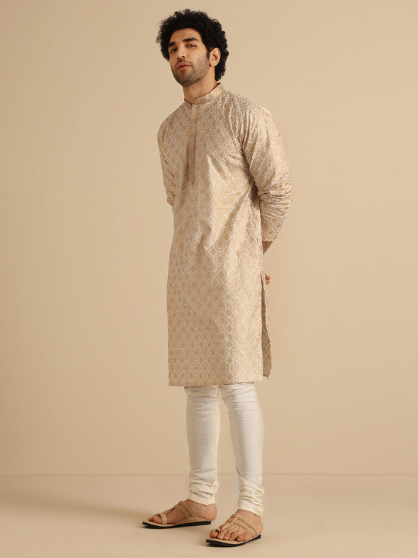 Beige Silk Blend Kurta Set with Intricate Jacquard Woven Pattern and Cream Churidar â€“ Festive & Wedding Ensemble